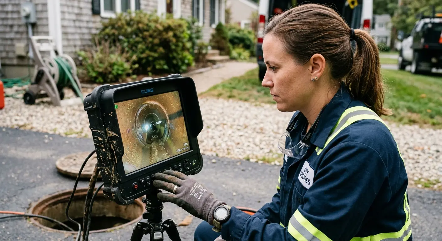 Technician reviewing sewer camera inspection footage in Trotwood