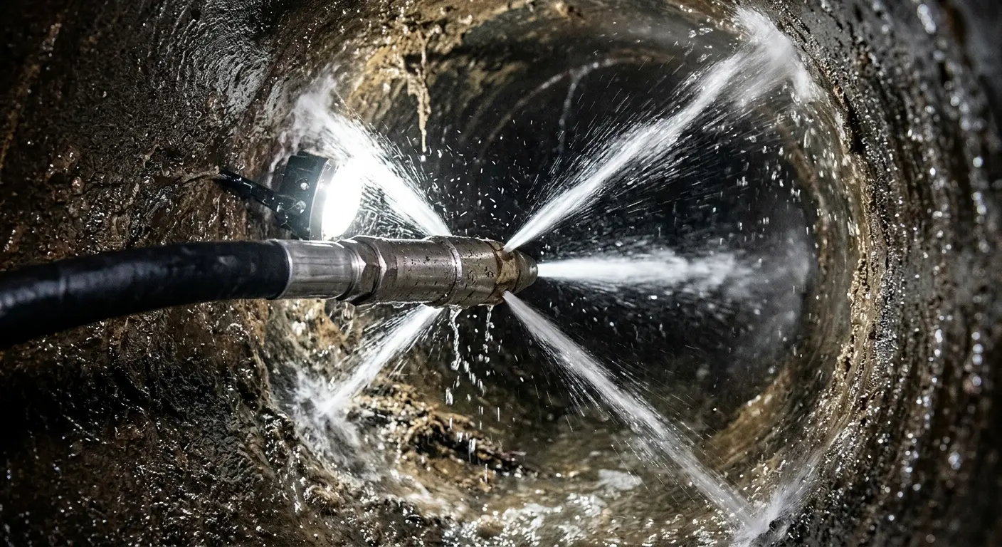 High-pressure hydro jetting nozzle cleaning sewer pipe for Sewer Cleanout in Trotwood