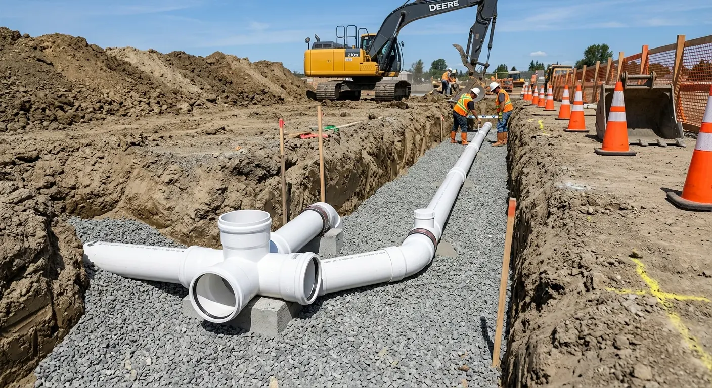 New PVC sewer pipe installation in open trench for Commercial Drain Cleaning in Trotwood